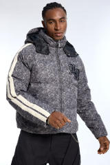 Custom Men's Black Marble Puffer Jacket - Striped Sleeve Varsity Streetwear Coat