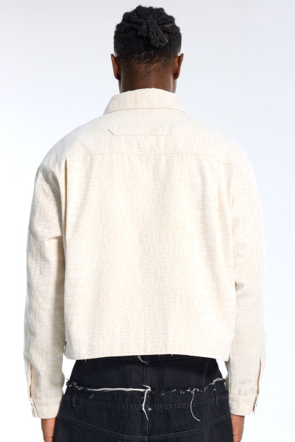 Custom Luxury Crocodile Embossed Jacket - Cream Cotton Twill Cropped Work Jacket