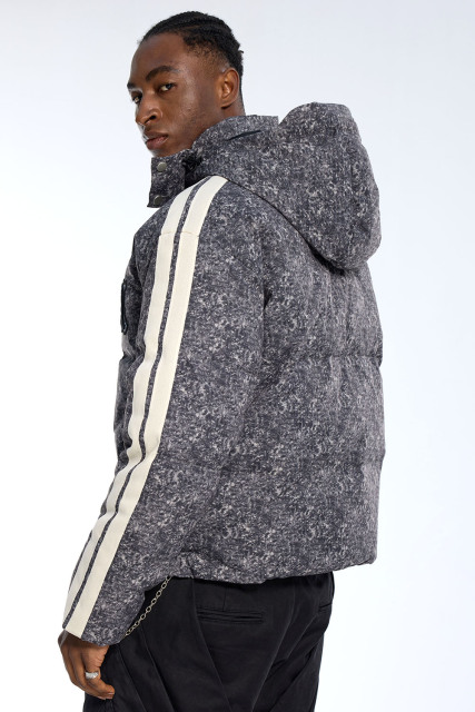 Custom Men's Black Marble Puffer Jacket - Striped Sleeve Varsity Streetwear Coat