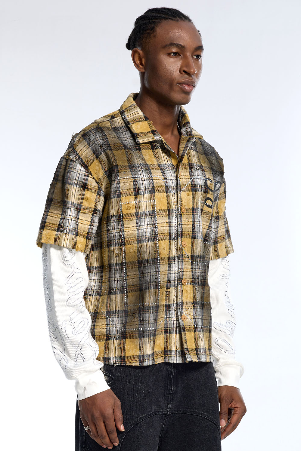 High Street Men's Plaid Short Sleeve Over Long Sleeve Shirt with Rhinestone Detail
