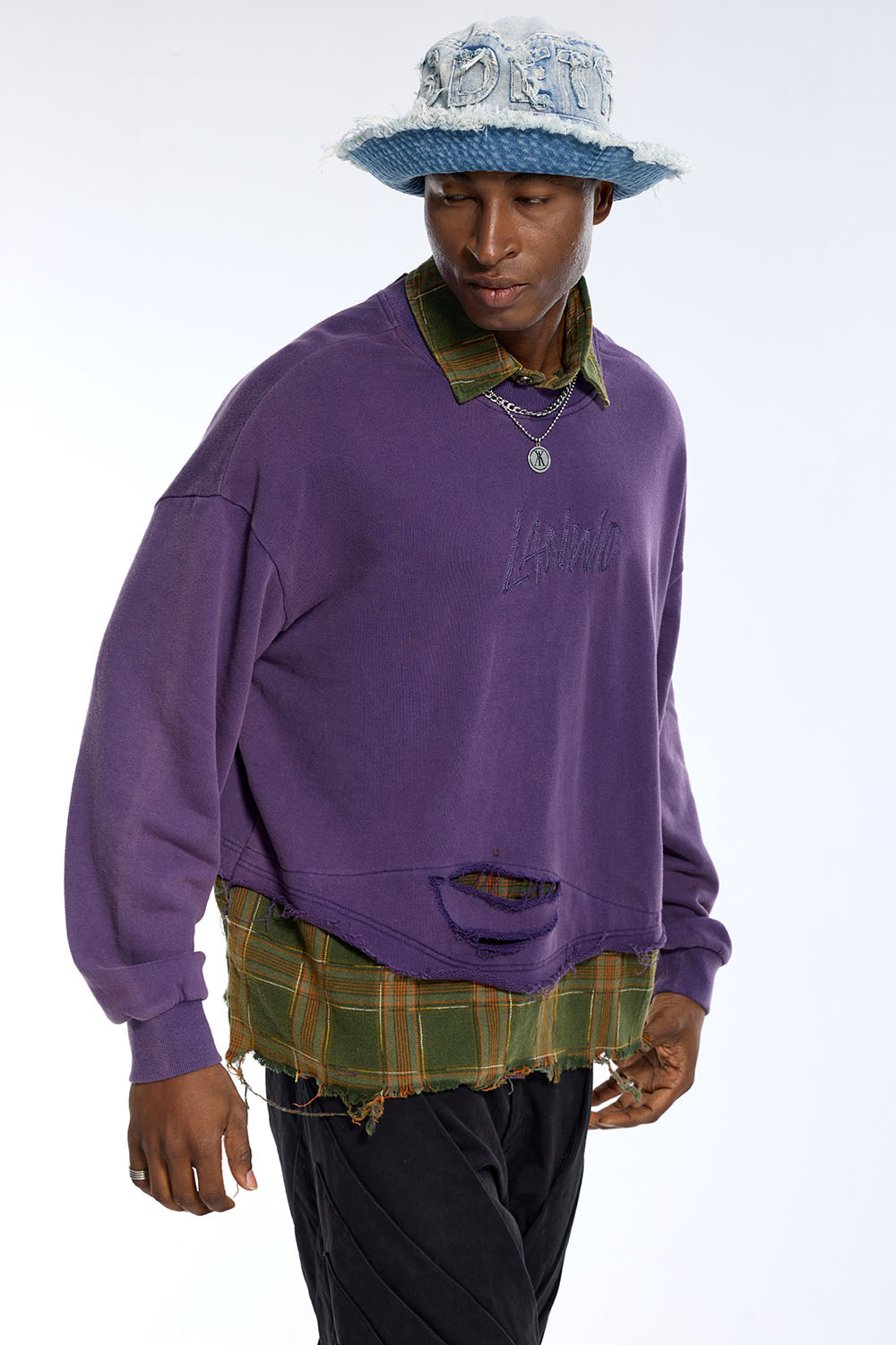 Custom Men's Purple Distressed Fake Two-Piece Sweatshirt - LANWO Embroidered Streetwear Top