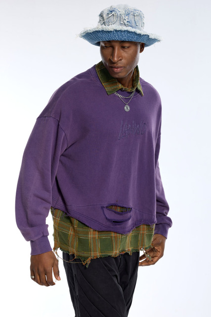 Custom Men's Purple Distressed Fake Two-Piece Sweatshirt - LANWO Embroidered Streetwear Top