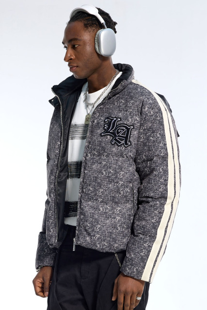 Custom Men's Black Marble Puffer Jacket - Striped Sleeve Varsity Streetwear Coat