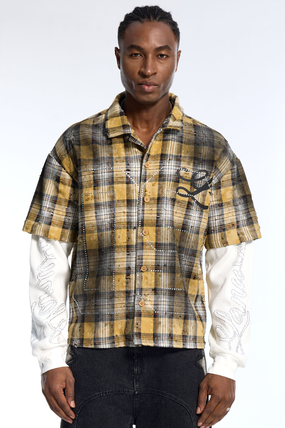 High Street Men's Plaid Short Sleeve Over Long Sleeve Shirt with Rhinestone Detail