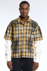 High Street Men's Plaid Short Sleeve Over Long Sleeve Shirt with Rhinestone Detail