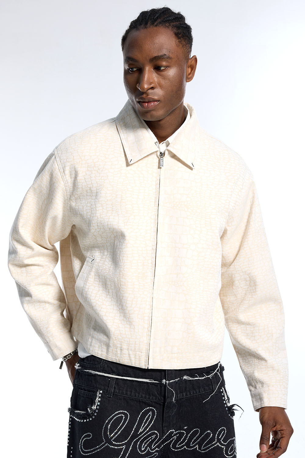 Custom Luxury Crocodile Embossed Jacket - Cream Cotton Twill Cropped Work Jacket