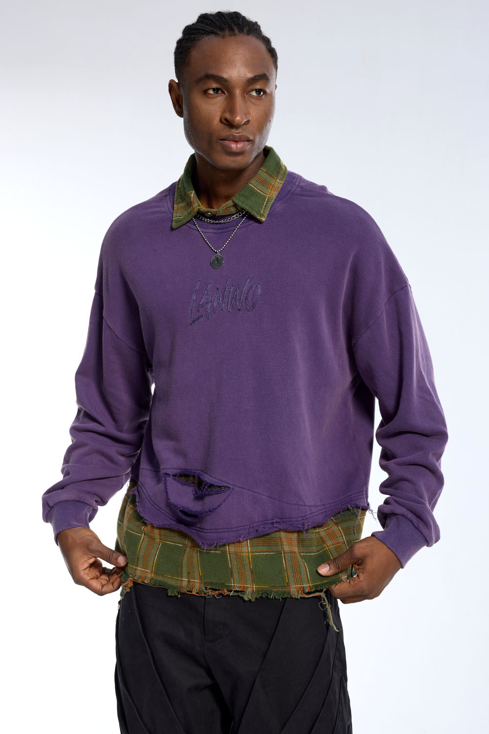 Custom Men's Purple Distressed Fake Two-Piece Sweatshirt - LANWO Embroidered Streetwear Top