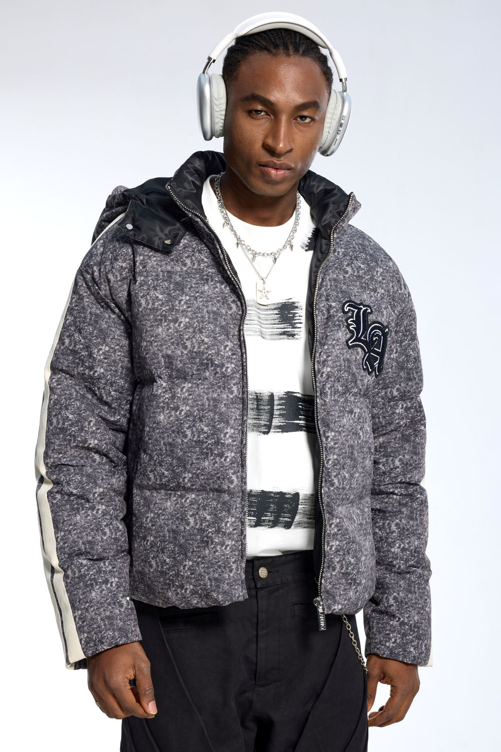 Custom Men's Black Marble Puffer Jacket - Striped Sleeve Varsity Streetwear Coat