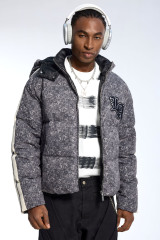 Custom Men's Black Marble Puffer Jacket - Striped Sleeve Varsity Streetwear Coat