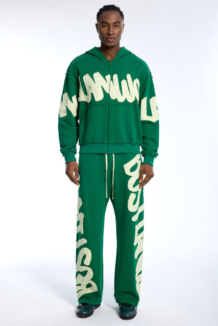Manufacturer custom 100% cotton zip-up hoodie & acid-washed embroidered patch sweatpants set