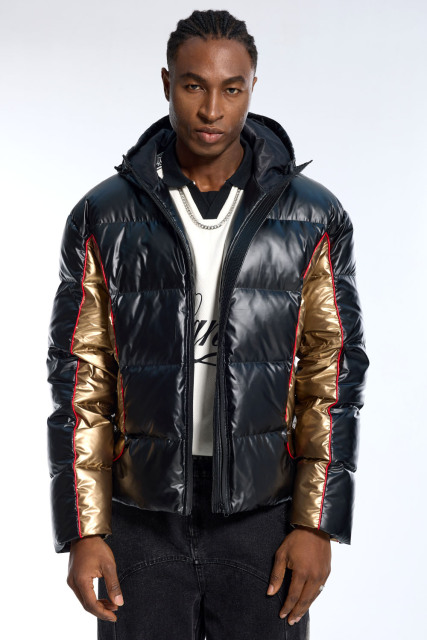 Oversized Metallic Gold Accent Puffer Jacket for Men | Waterproof Winter Hooded Padded Coat