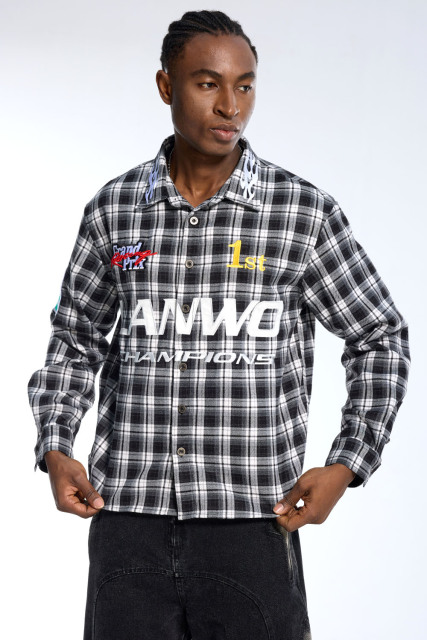 Custom LANWE Champion Racing-Inspired Black Plaid Button Up Shirt for Men