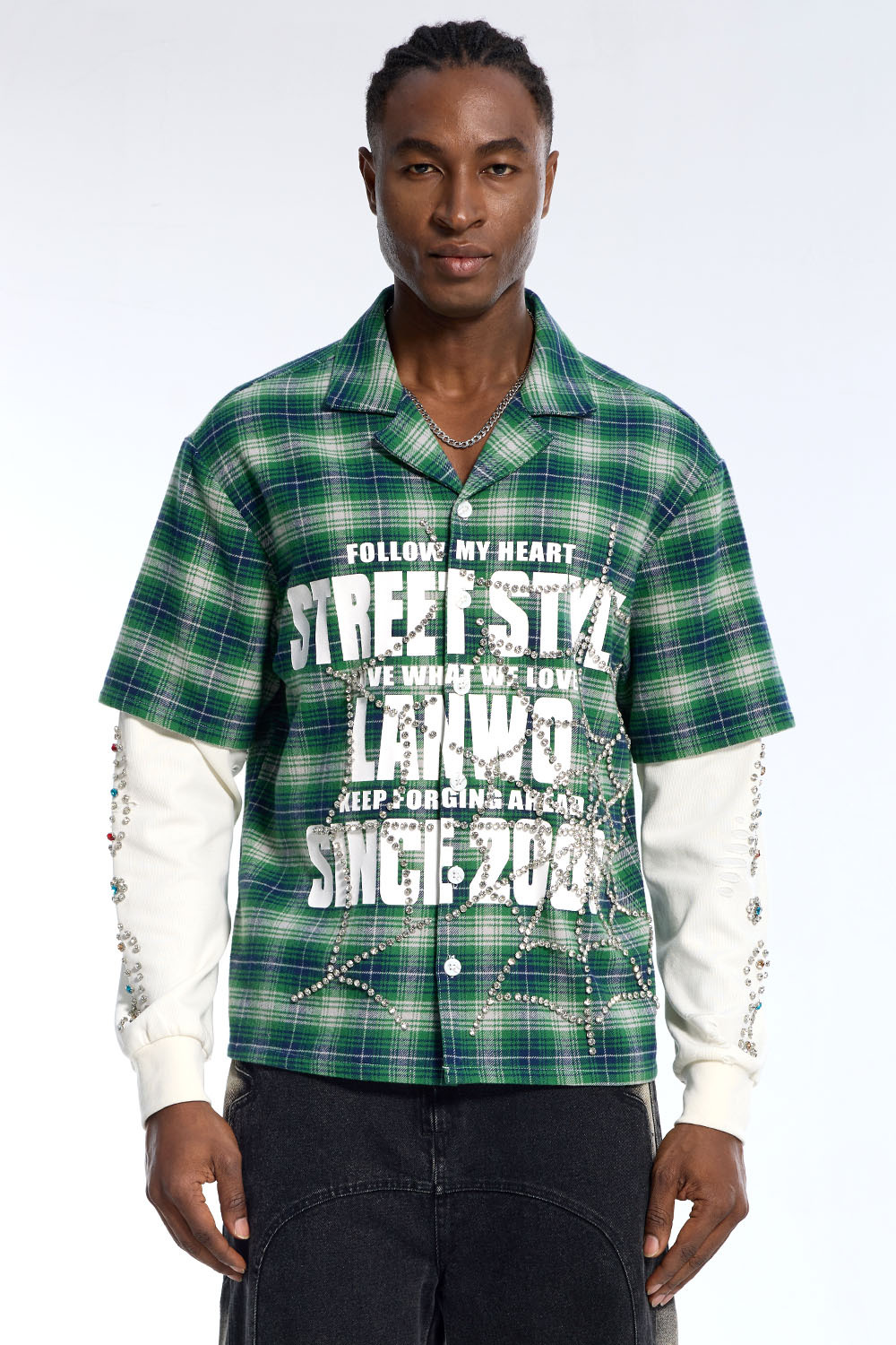 Wholesale Custom Green Plaid Rhinestone Streetwear Shirt - OEM Fake Two-Piece Button Up