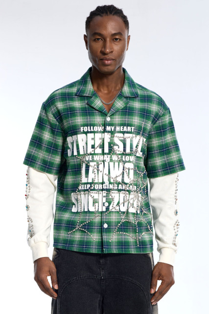 Wholesale Custom Green Plaid Rhinestone Streetwear Shirt - OEM Fake Two-Piece Button Up