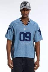 Custom Oversized Light Wash Denim Sports Jersey with Star Patch & Lanwo Story Embroidery