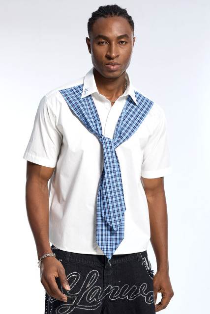 Custom Men's White Short Sleeve Shirt with Blue Plaid Tie Detail - Streetwear Button Down