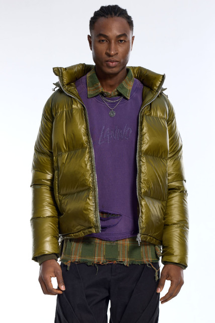Custom Men's Olive Green Shiny Puffer Jacket - Cropped Hooded Winter Padded Coat