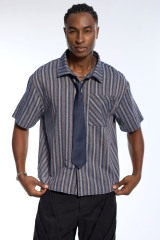 Custom Men's Blue Striped Short Sleeve Shirt with Tie Accent - Streetwear Button Down