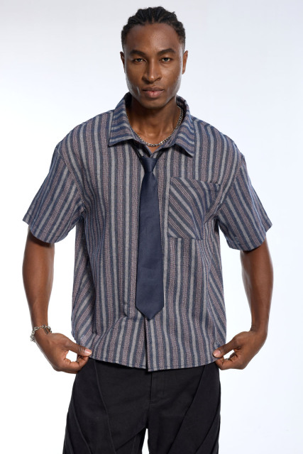 Custom Men's Blue Striped Short Sleeve Shirt with Tie Accent - Streetwear Button Down