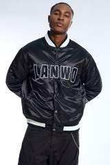 Custom Men's Black Satin LANWO Varsity Jacket - Striped Rib Streetwear Bomber