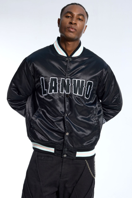 Custom Men's Black Satin LANWO Varsity Jacket - Striped Rib Streetwear Bomber