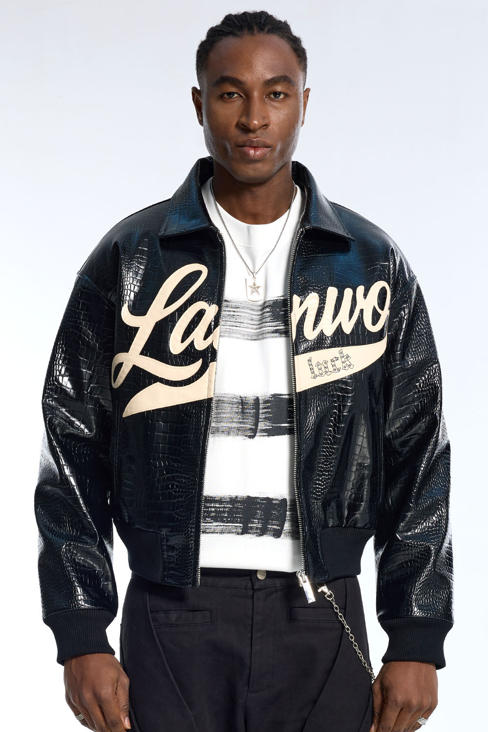Custom Men's Black Crocodile Embossed LANWO Varsity Jacket - Leather Streetwear Bomber