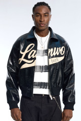 Custom Men's Black Crocodile Embossed LANWO Varsity Jacket - Leather Streetwear Bomber
