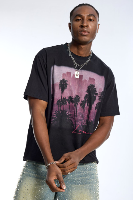 Custom Men's Black LA Palm Tree Graphic T-Shirt - LANWO Signature Streetwear Tee