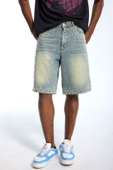 Custom Oversized Pearl Beaded Denim Shorts - High Street Rhinestone Embellished Baggy Jean Shorts