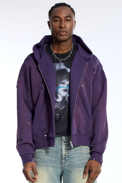 Custom Men's Purple Distressed Zip-Up Hoodie - Oversized Paint Splatter Streetwear Jacket