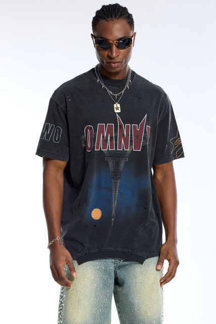 Custom Men's Black Eiffel Tower Graphic T-Shirt - LANWO Distressed Streetwear Tee