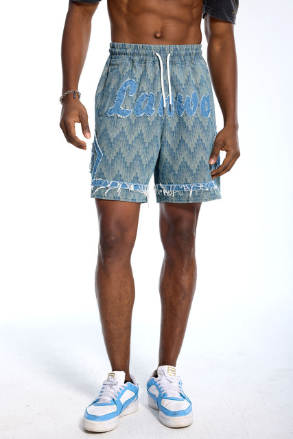 Custom Men's Blue Geometric Jacquard Denim Shorts with LANWO Fringed Applique - Streetwear Casual Shorts