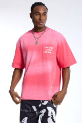 Custom Oversized Pink Gradient Washed T-Shirt with Paint Splatter - High Street Casual Top