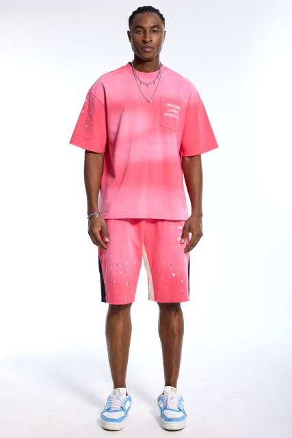 Custom Oversized Pink Tie-Dye T-Shirt & Shorts Set - Paint Splatter High Street Matching Set