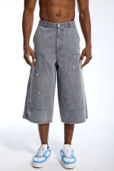 Custom Oversized Grey Washed Denim Shorts - Distressed Spider Web & Pearl Detail Baggy Shorts