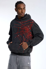 Custom Men's Black Washed Hoodie - Red Spider Web Embroidery & Pearl Embellished Streetwear Pullover
