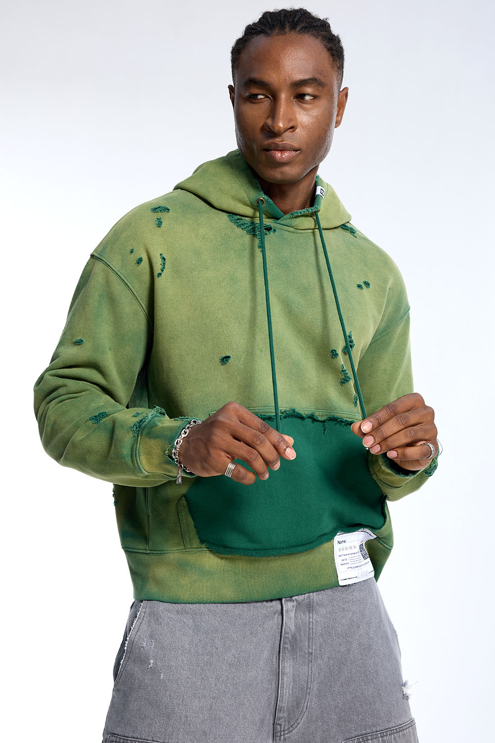 Custom Oversized Green Two-Tone Hoodie - Ripped Detail & Contrast Pocket Streetwear Sweatshirt