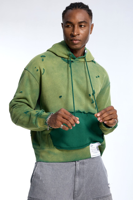 Custom Oversized Green Two-Tone Hoodie - Ripped Detail & Contrast Pocket Streetwear Sweatshirt