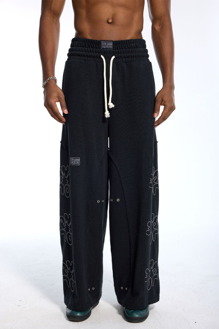 Custom Men's Black Wide Leg Sweatpants  Floral Embroidery & Eyelet Detail Streetwear Pants