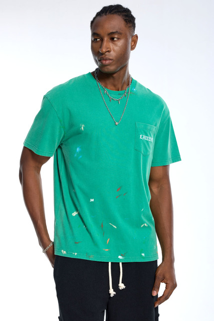 Custom Men's Green Paint Splatter Pocket T-Shirt  Gothic Script Streetwear Tee