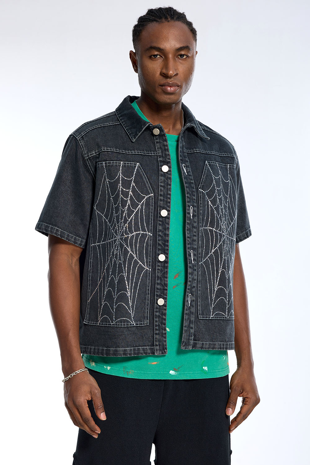 Custom Men's Black Denim Short Sleeve Shirt - Rhinestone Spider Web Embellished Streetwear Top