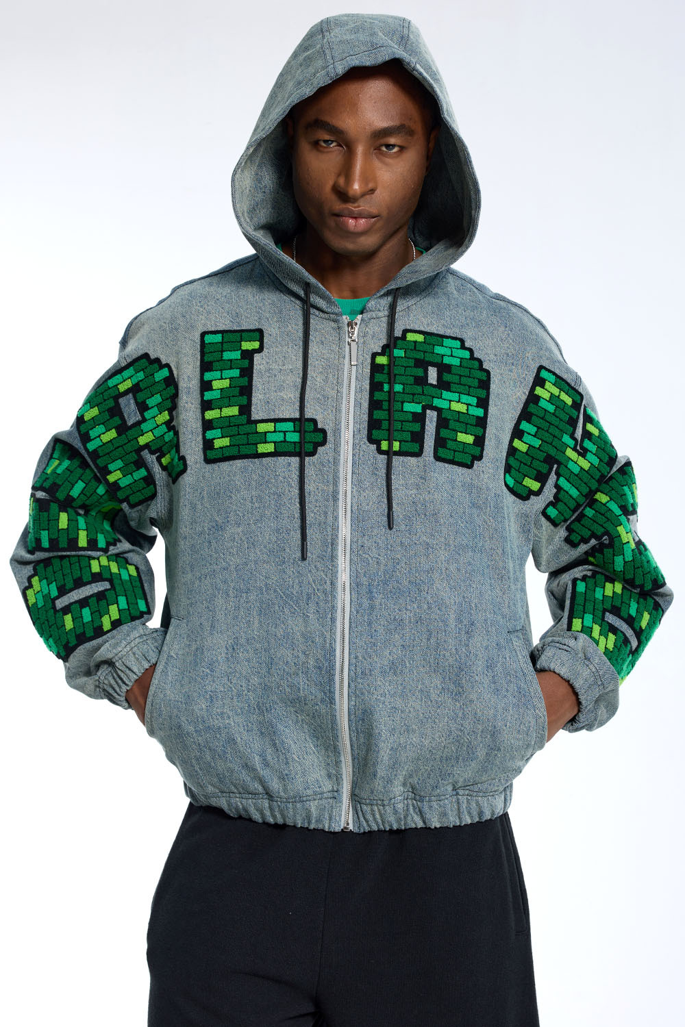 Custom Men's Denim Zip-Up Hoodie Pixelated Chenille Lettering Streetwear Jacket