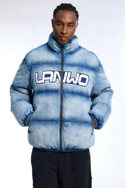 Custom Men's Gradient Denim Puffer Jacket Embroidered Logo Streetwear Winter Coat