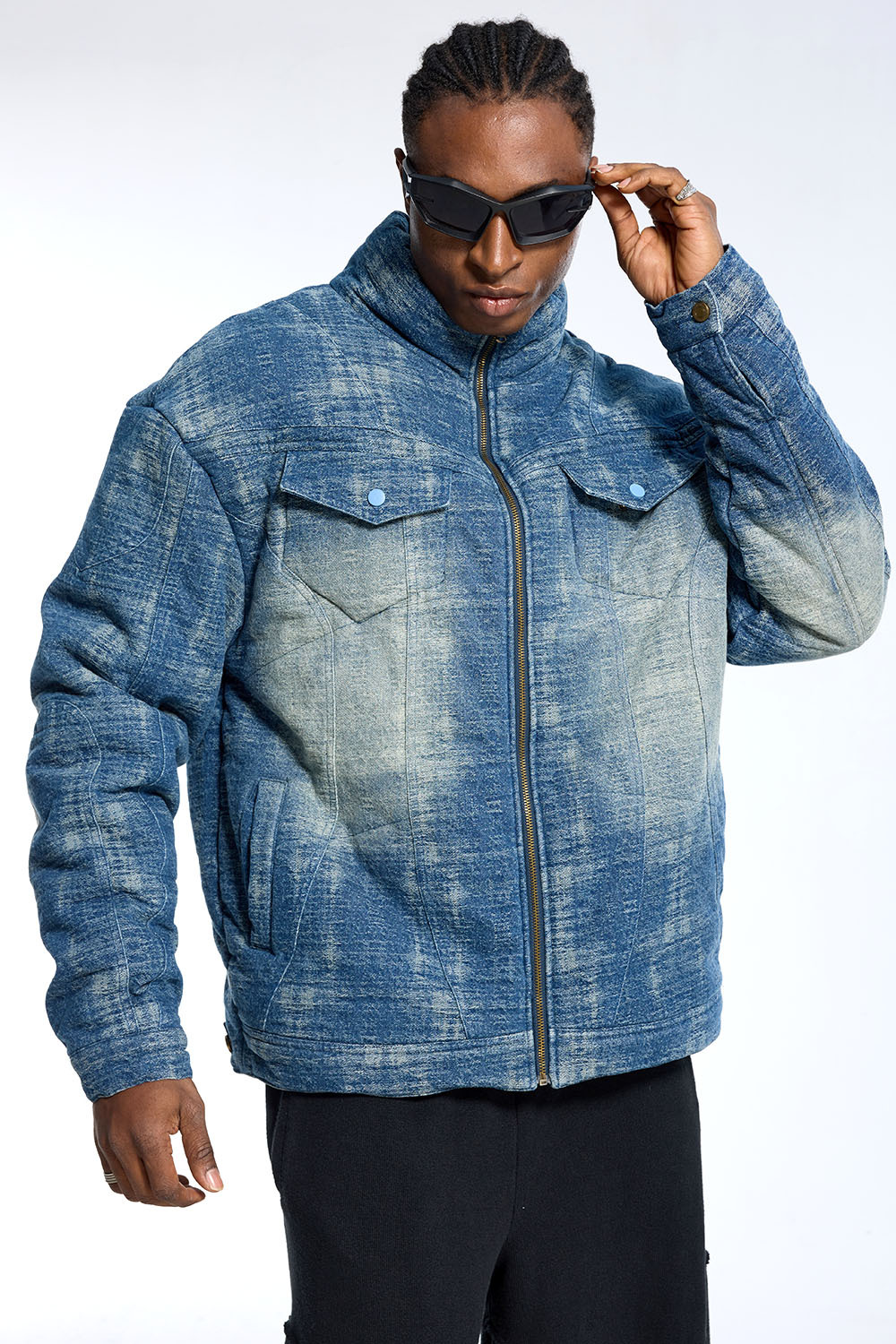 Custom Men's Gradient Denim Puffer Jacket - High Street Quilted Streetwear Winter Coat