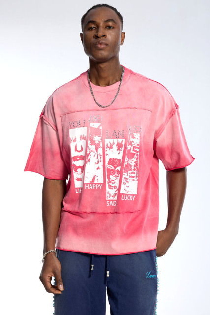 Custom Oversized Pink Gradient Washed Tee - "Happy Sad Lucky" Print High Street Casual Top