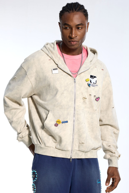 Custom Oversized Washed Beige Hoodie - Butterfly Patch & Distressed Rips High Street Zip-Up