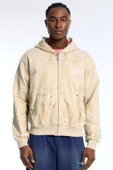 Custom Oversized Washed Beige Hoodie - Gold Brush Stroke Detail High Street Zip-Up