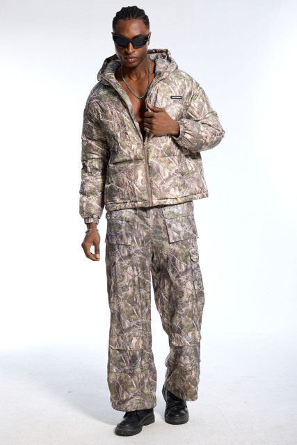 Custom Oversized Camouflage Tracksuit - Tree Camo Puffer & Cargo Pants High Street Matching Set