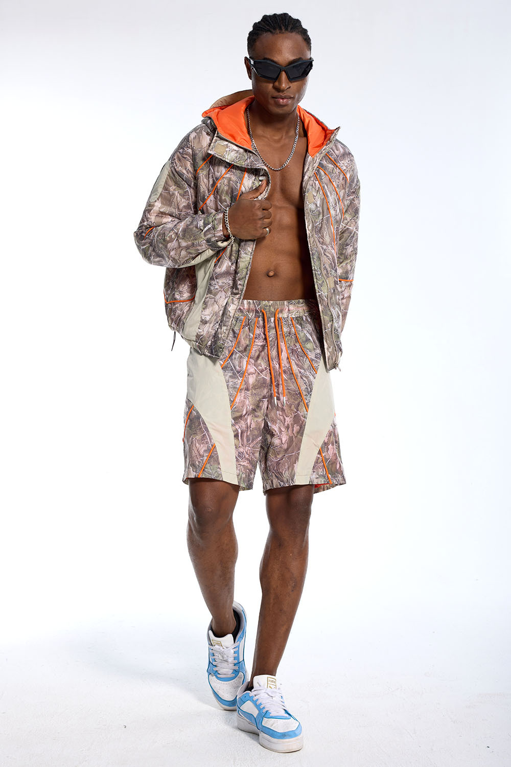 Custom Oversized Camouflage Tracksuit - Tree Camo Windbreaker & Matching Shorts High Street Set