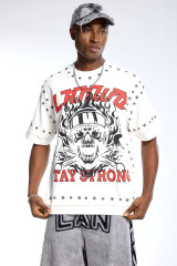 Custom Oversized White T-Shirt - Flame Skull Graphic & Silver Stud Embellishments High Street Top